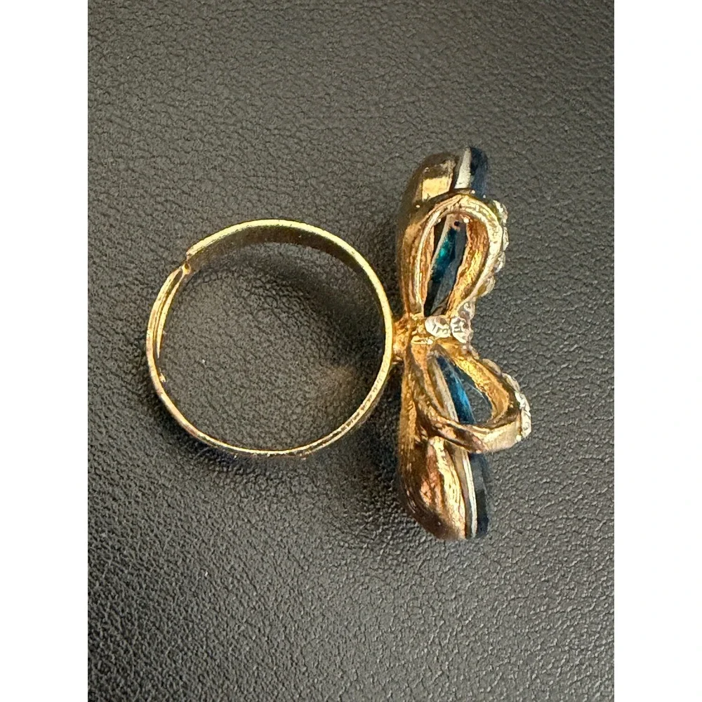 Vintage Rhinestone Ring Butterfly Adjustable Teal Gold Tone
